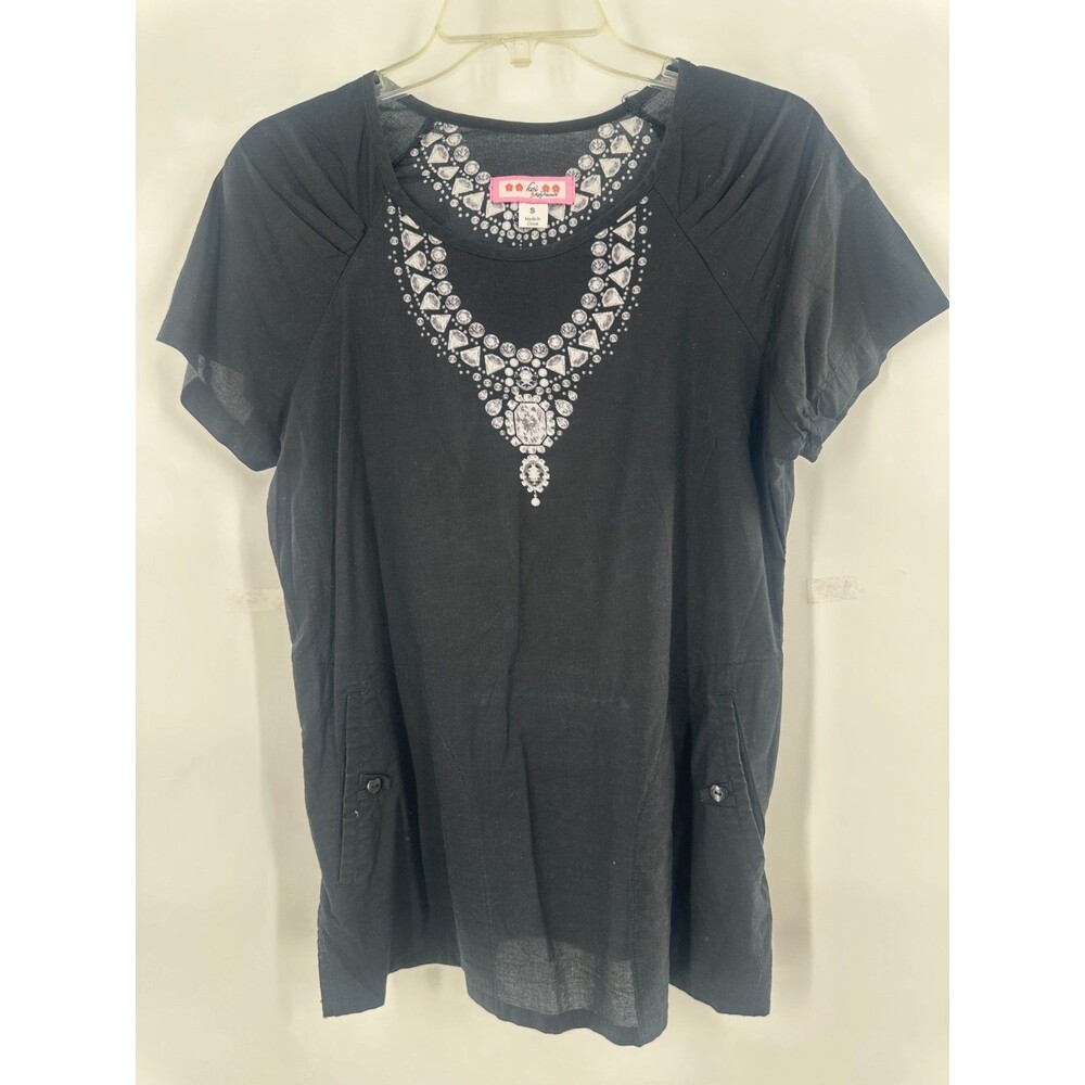 Koi Happiness Women's Scrub Small S Black Faux Rhinestone Necklace Graphic Sz S